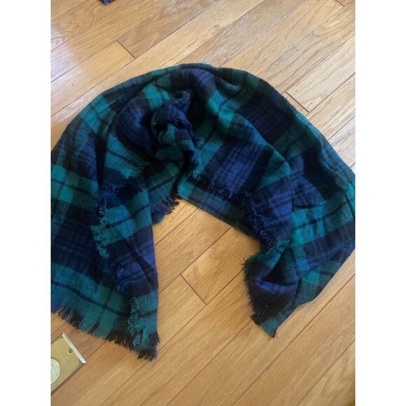 Green & Blue Wool Plaid Blanket Shawl - Picture 1 of 4